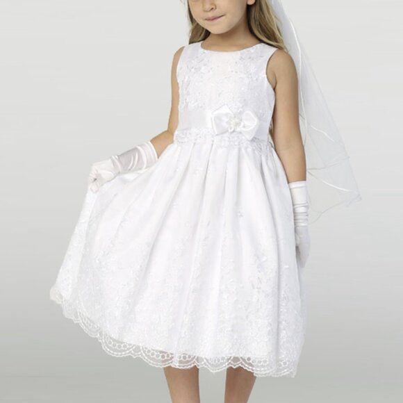 Sizes 6 & 8, Girls White First Communion Dress w/ Embroidered Organza (110) - Picture 2 of 4